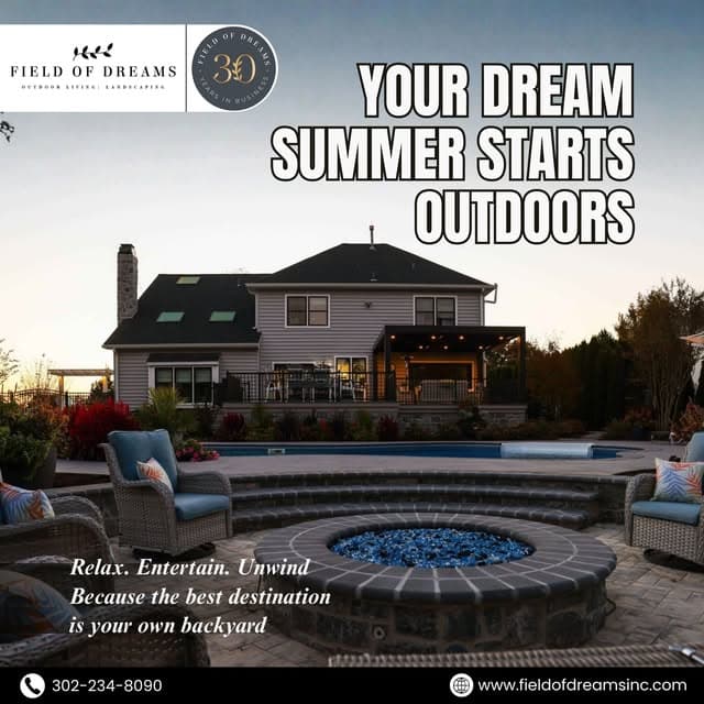 Field of Dreams Instagram: your dream summer starts outdoors, pool and fire pit at dusk
