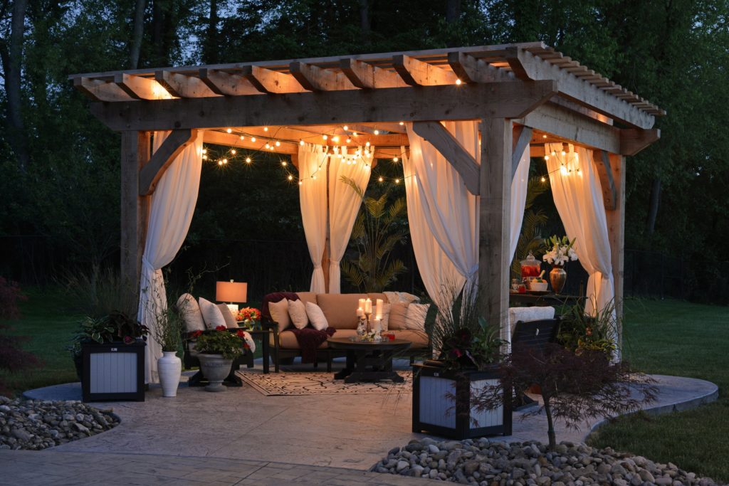 backyard cabana with stringed lights
